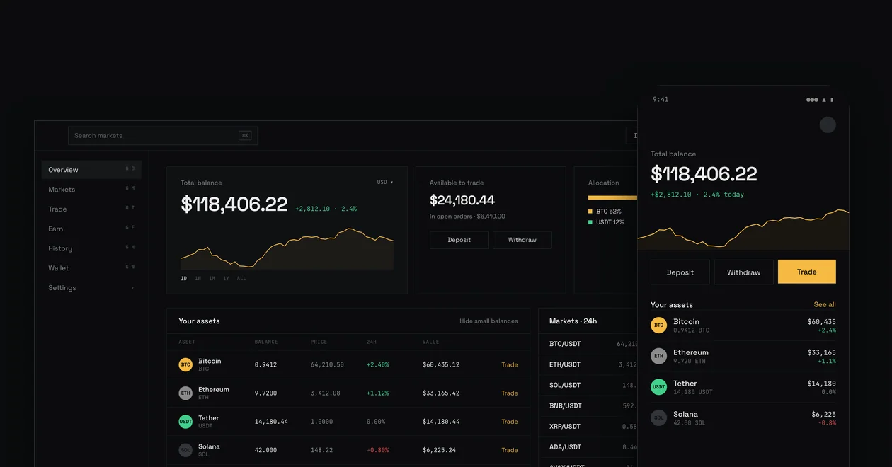 White-label crypto exchange dashboard with total balance, asset list and the mobile home screen