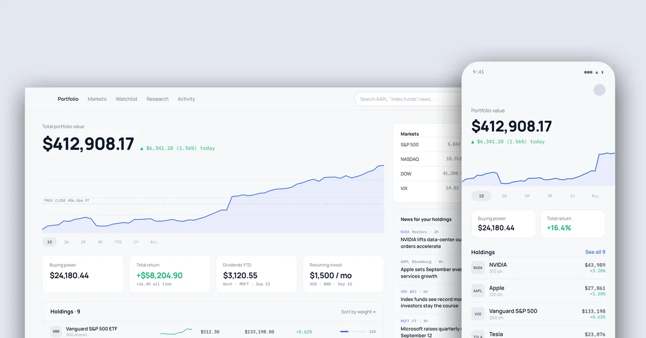 White-label brokerage portfolio dashboard with holdings and the mobile portfolio screen