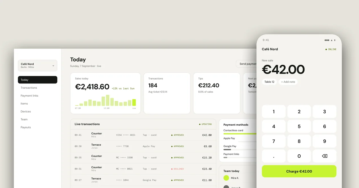 SoftPOS owner back-office with live transactions and the merchant keypad app on a phone