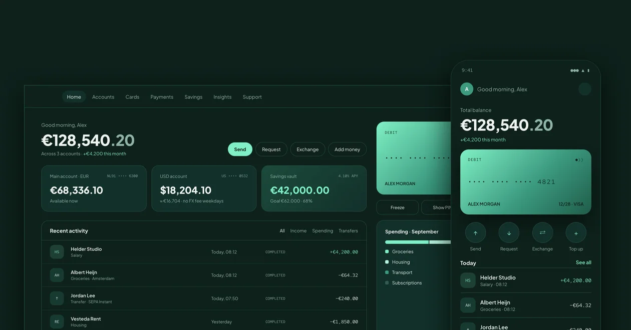 White-label banking app home with balance, accounts, debit card and the mobile home screen