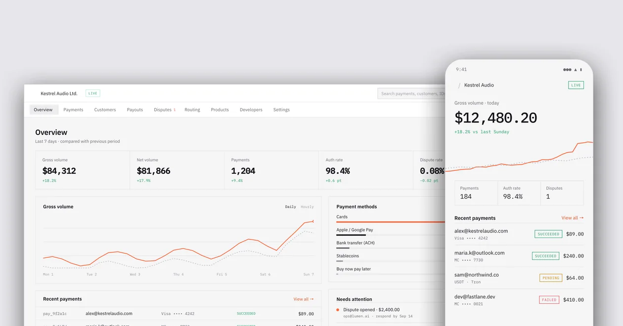Payment gateway merchant overview with volume chart and the mobile home screen