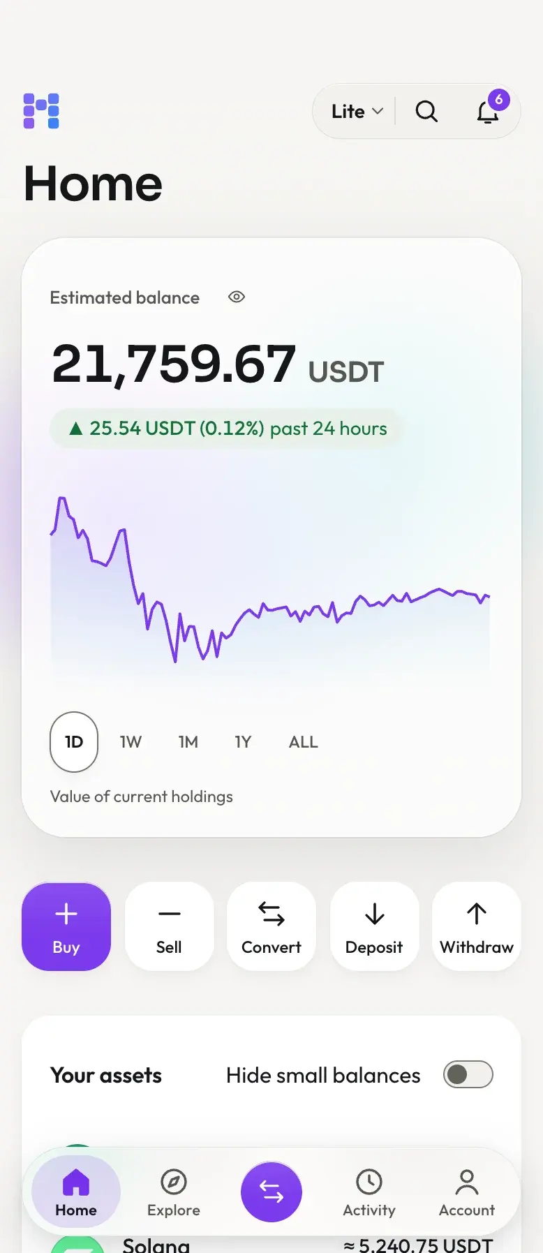 Marengo white-label crypto exchange Lite home screen on a phone