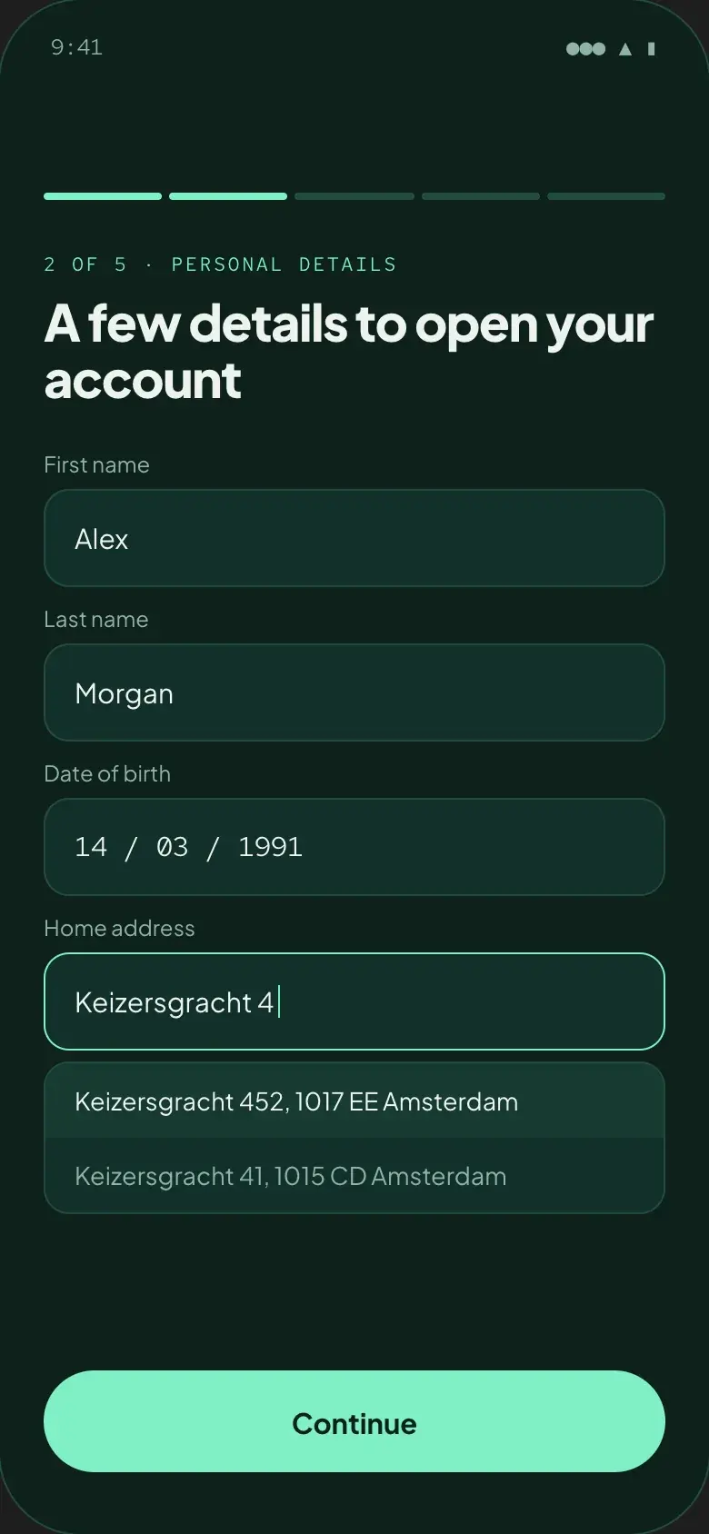 Banking app onboarding: personal details with address autocomplete