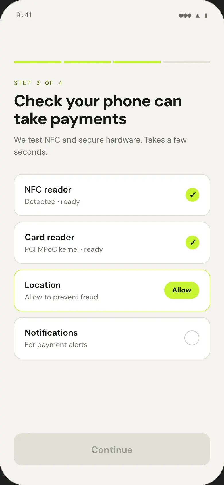 SoftPOS onboarding checking the phone's NFC reader and its PCI MPoC card reader