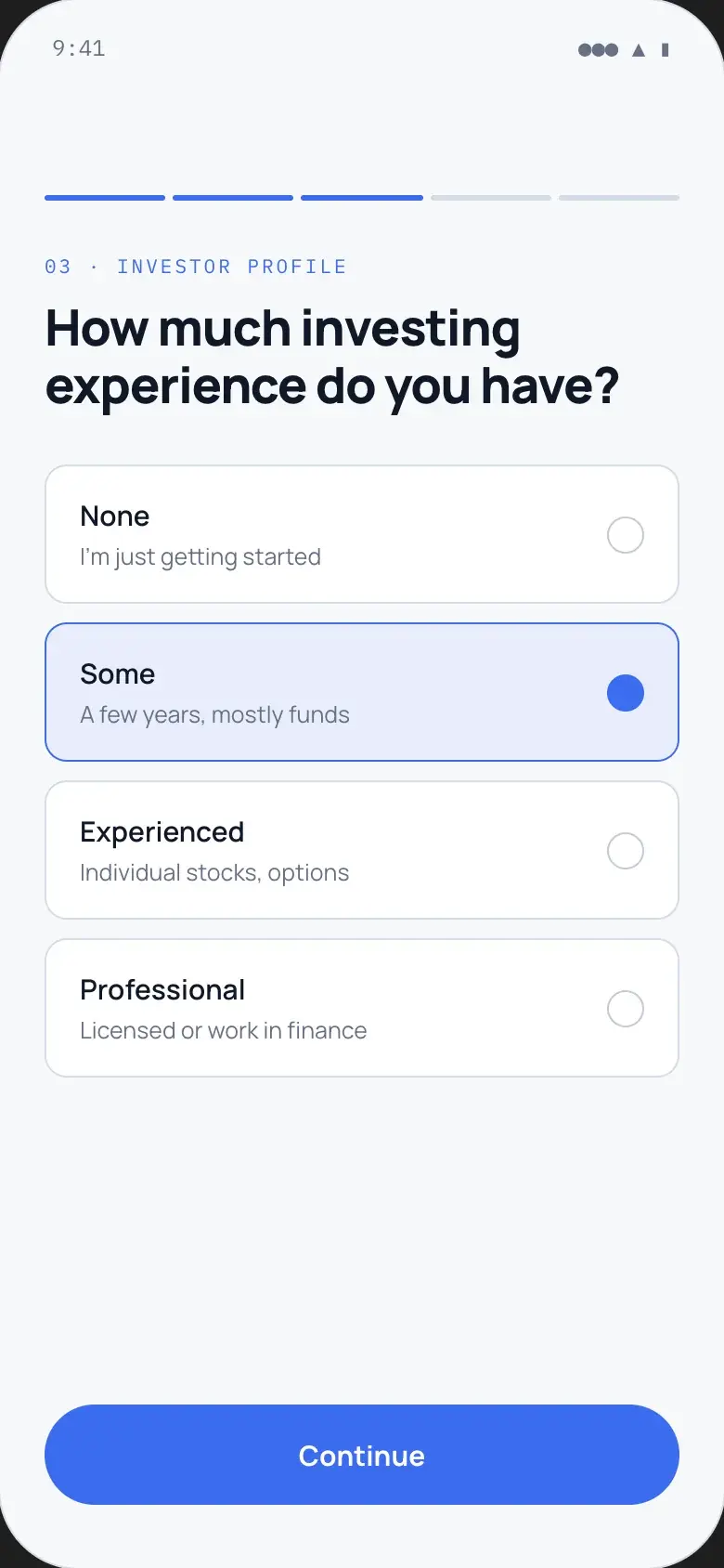 Brokerage onboarding asking how much investing experience the user has