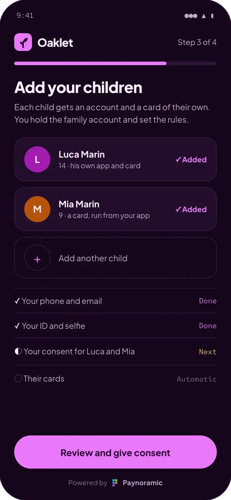 Oaklet family banking app onboarding, powered by Paynoramic: a parent adding Luca, 14, and Mia, 9, before giving consent