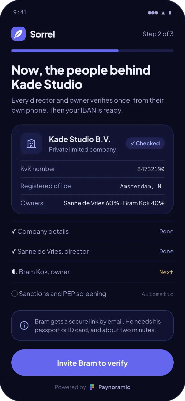 Sorrel business account onboarding, powered by Paynoramic: Kade Studio's company details checked, the director verified and the second owner's check next