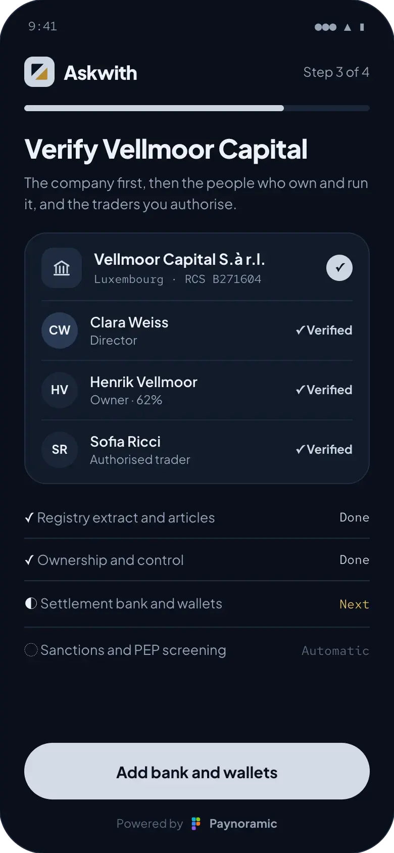 Askwith OTC desk onboarding, powered by Paynoramic: Vellmoor Capital's registry extract and ownership checked, its director, owner and trader verified, and its settlement bank and wallets next