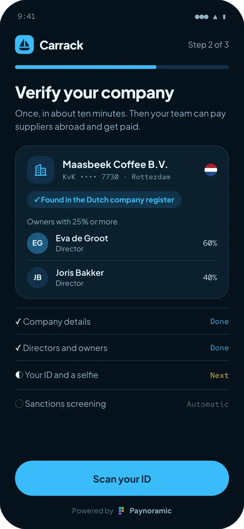 Carrack business payments app onboarding, powered by Paynoramic: Maasbeek Coffee found in the Dutch company register with its two owners, and the director's ID check next