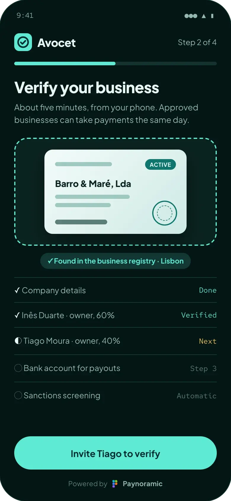 Avocet merchant onboarding, powered by Paynoramic: Barro & Maré found in the business registry, one owner verified and the second next