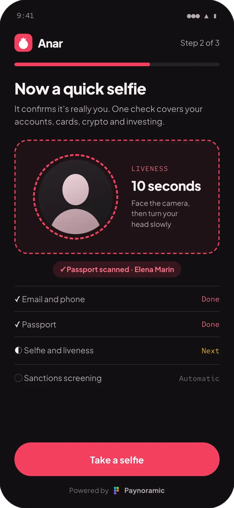Anar super app onboarding, powered by Paynoramic: the passport scanned, with the selfie and liveness check next