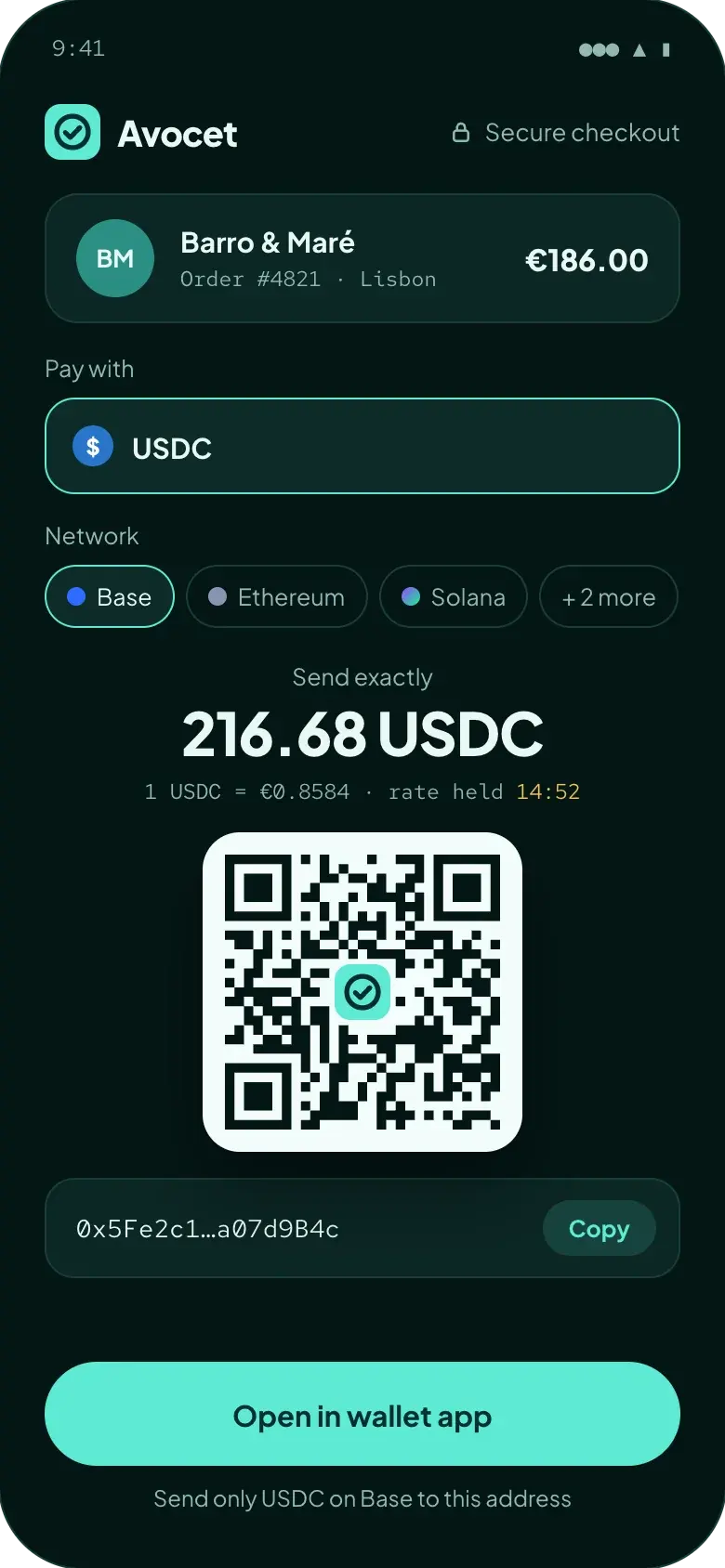 Avocet checkout on a customer's phone: €186.00 to Barro & Maré as 216.68 USDC on Base, with the QR code, the address and the rate held