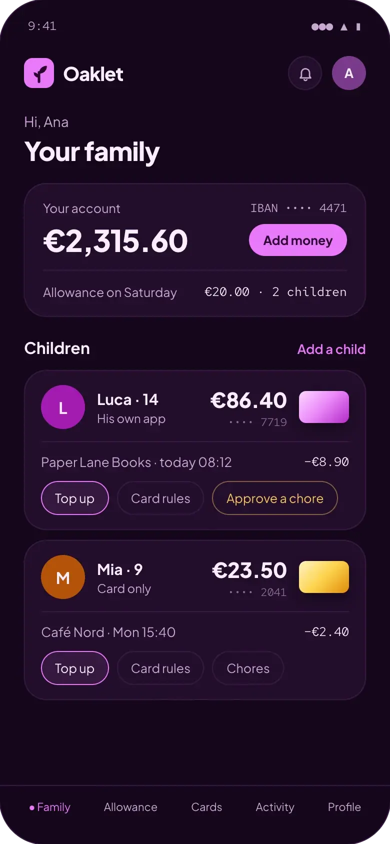 Oaklet parent view: the family account, and Luca's and Mia's balances, cards and latest payments