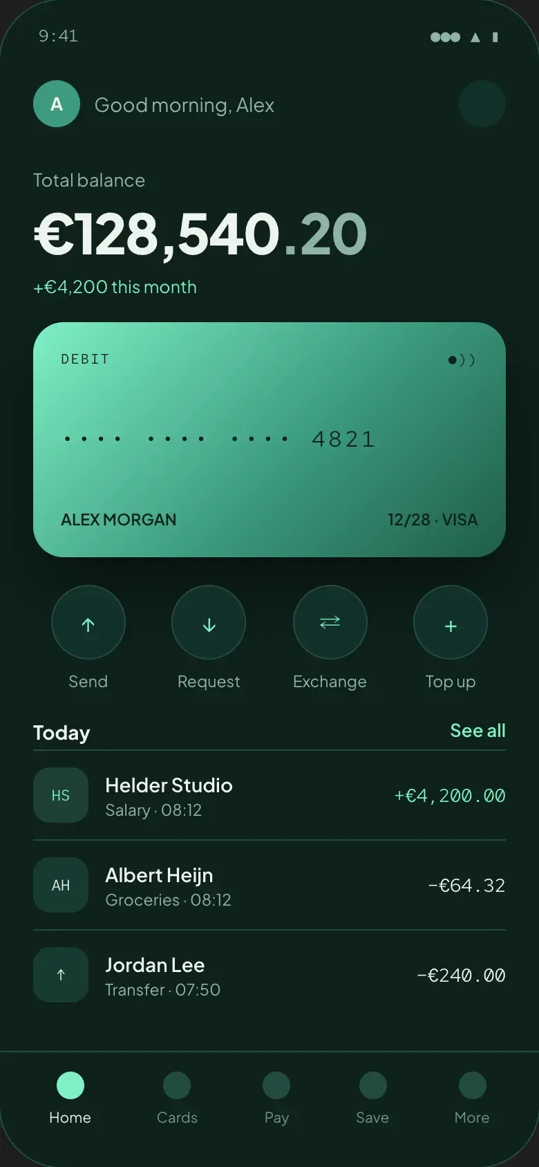 Banking app home with a €128,540.20 balance, the debit card and today's transactions