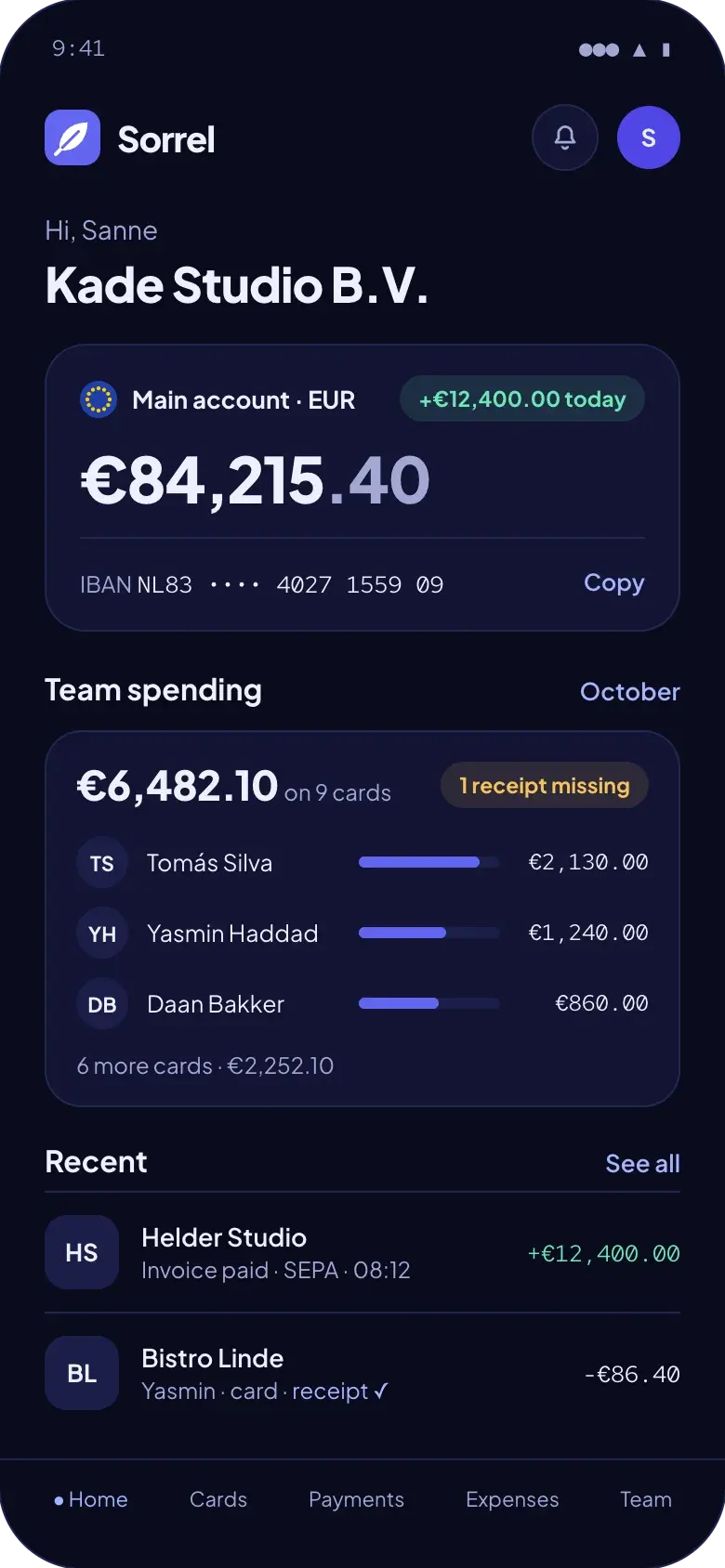 Sorrel home: Kade Studio's balance of €84,215.40, its IBAN, the team's card spending this month and the latest payments