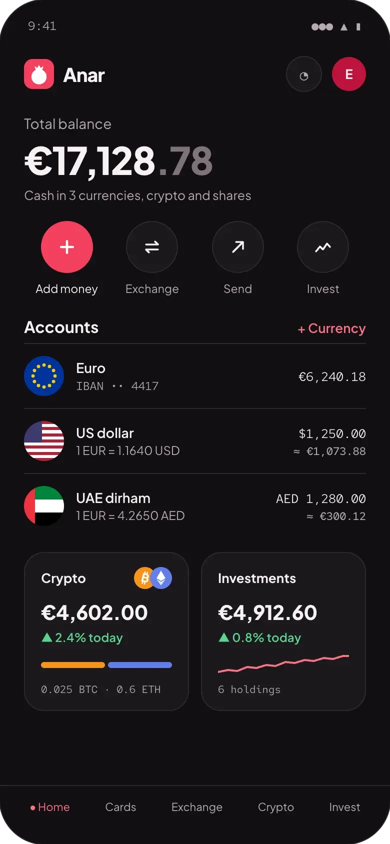 Anar app home: a €17,128.78 total across euro, dollar and dirham accounts, €4,602.00 in crypto and €4,912.60 in investments