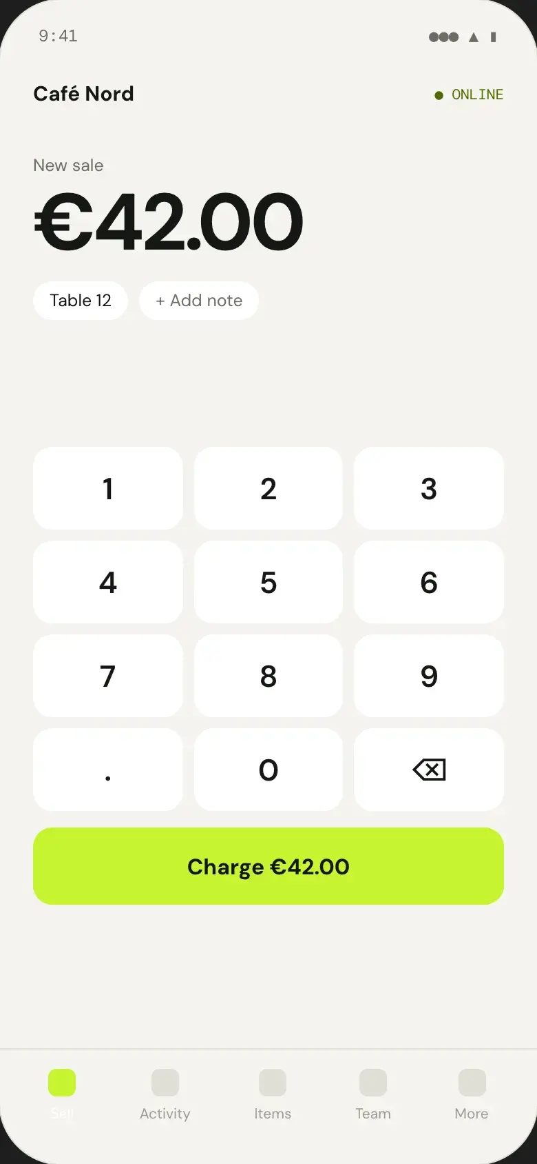 SoftPOS keypad entering a €42.00 sale for table 12