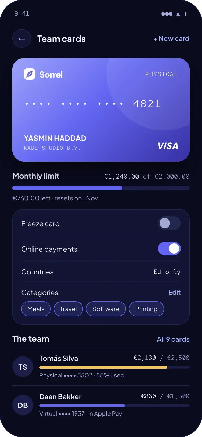Team cards in Sorrel: Yasmin Haddad's card with €1,240.00 spent of a €2,000.00 monthly limit, its controls and two more of the team's cards