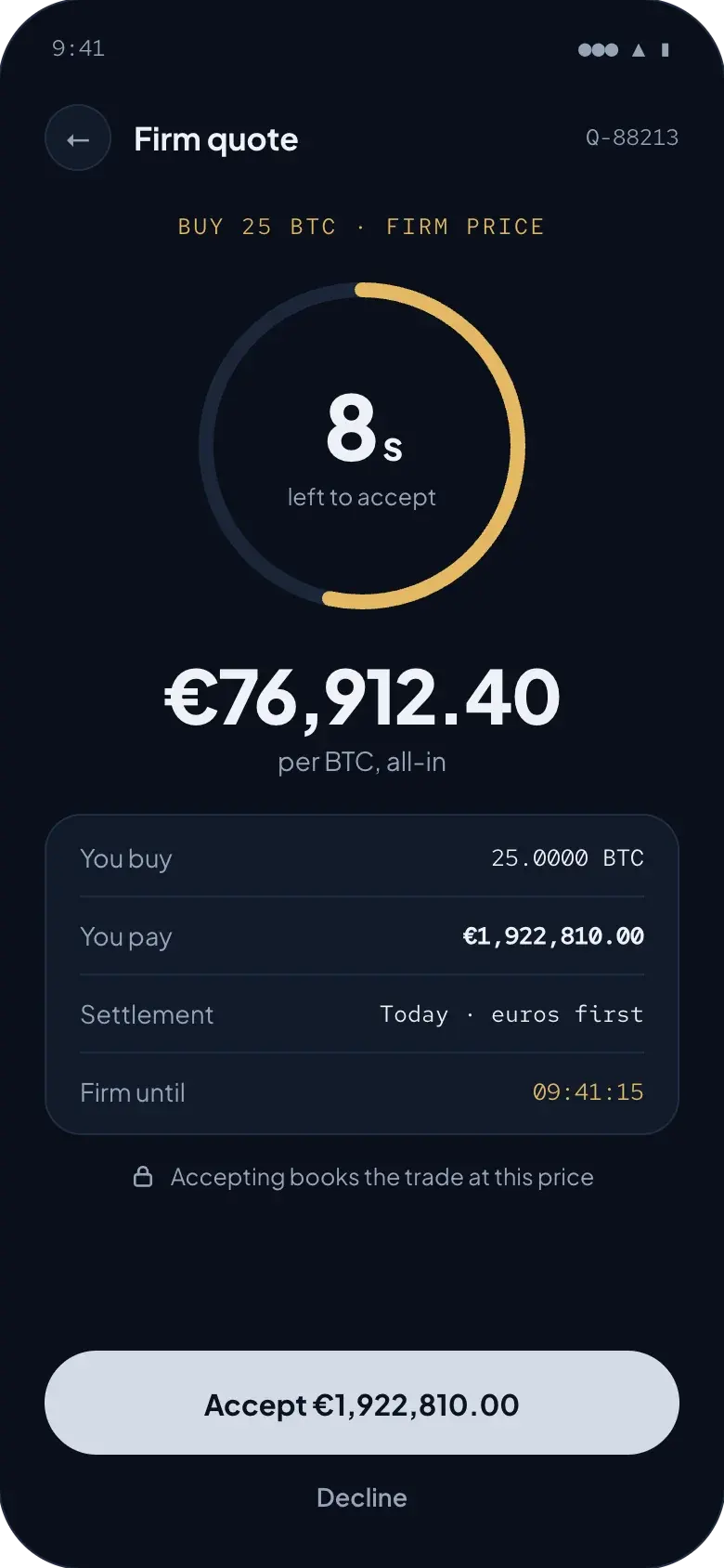 A firm Askwith quote to buy 25 BTC at €76,912.40 each, €1,922,810.00 in total, with its countdown running
