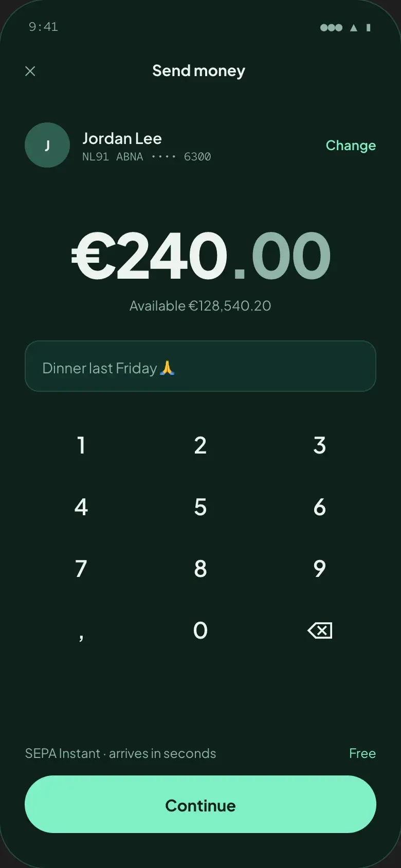 Sending €240.00 to Jordan Lee with a note, by SEPA Instant