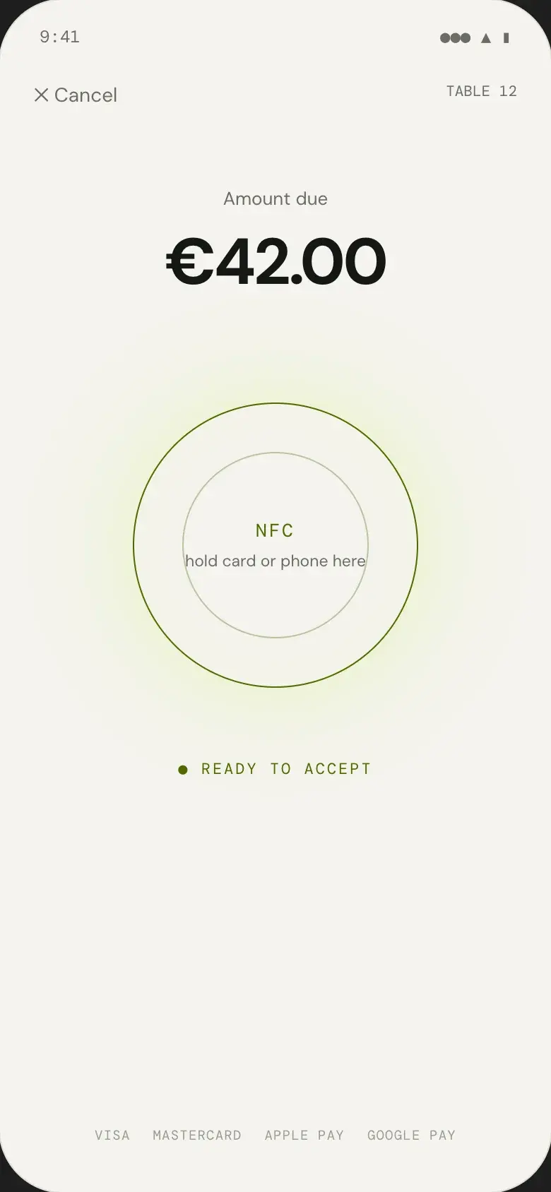 Tap-to-pay screen waiting for a contactless card or phone, €42.00 due