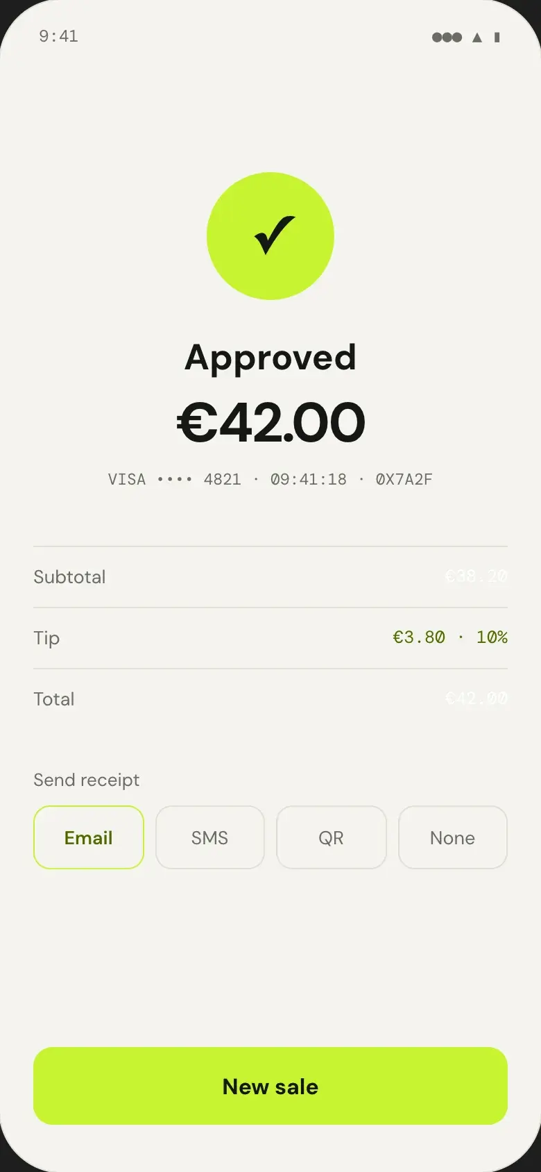 Payment approved for €42.00 with the tip breakdown and receipt options
