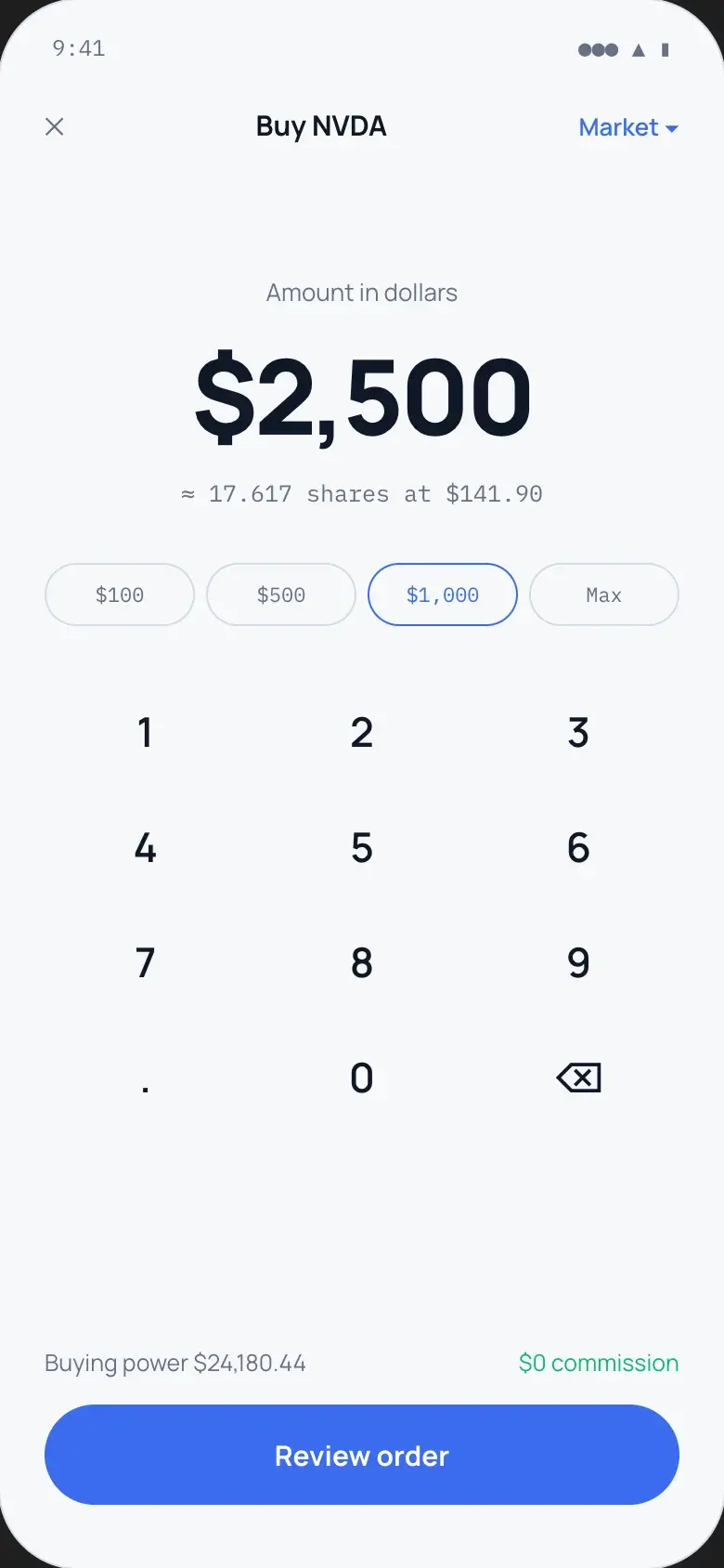 Mobile buy screen entering a $2,500 market order for NVIDIA