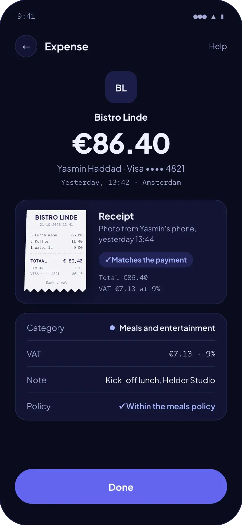A card payment of €86.40 at Bistro Linde in Sorrel, with the photo of its receipt, 9% VAT and the meals category