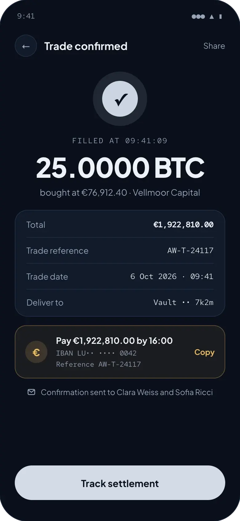Askwith trade confirmation: 25 BTC bought at €76,912.40, with the trade reference and the instructions to pay €1,922,810.00 by 16:00