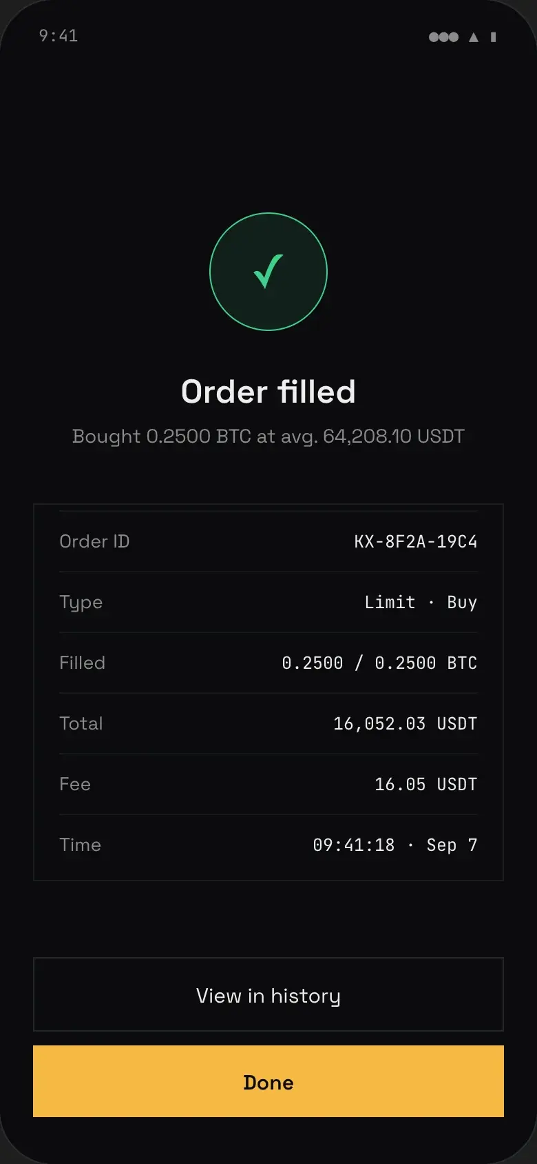Order filled confirmation for 0.25 BTC with the order ID, fee and time