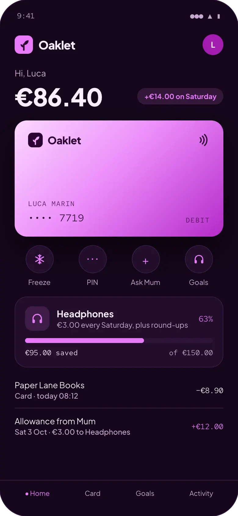 Oaklet teen app: Luca's €86.40 balance, his fuchsia card, and €95.00 saved of €150.00 for headphones