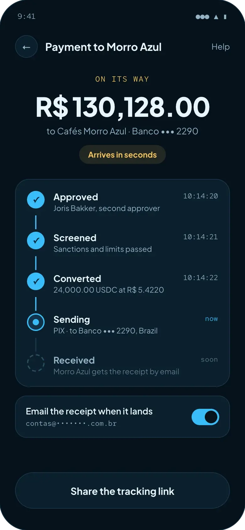 A payment to a supplier in Brazil on its way: approved by a second director, screened and converted, now being sent by PIX