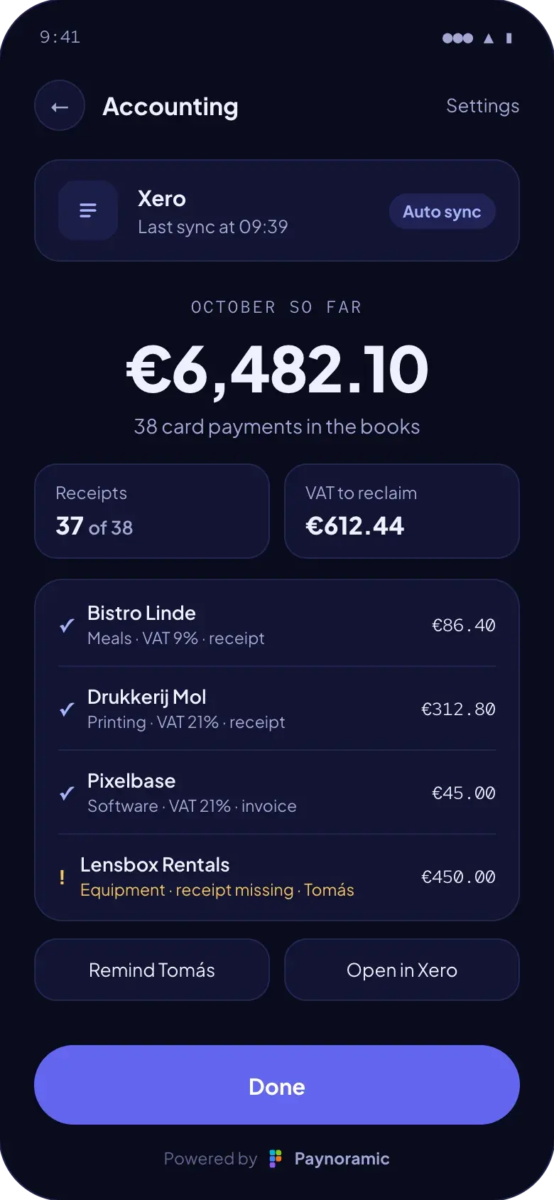 Sorrel accounting screen, powered by Paynoramic: October's card payments synced to Xero with their receipts, and one still waiting for a receipt