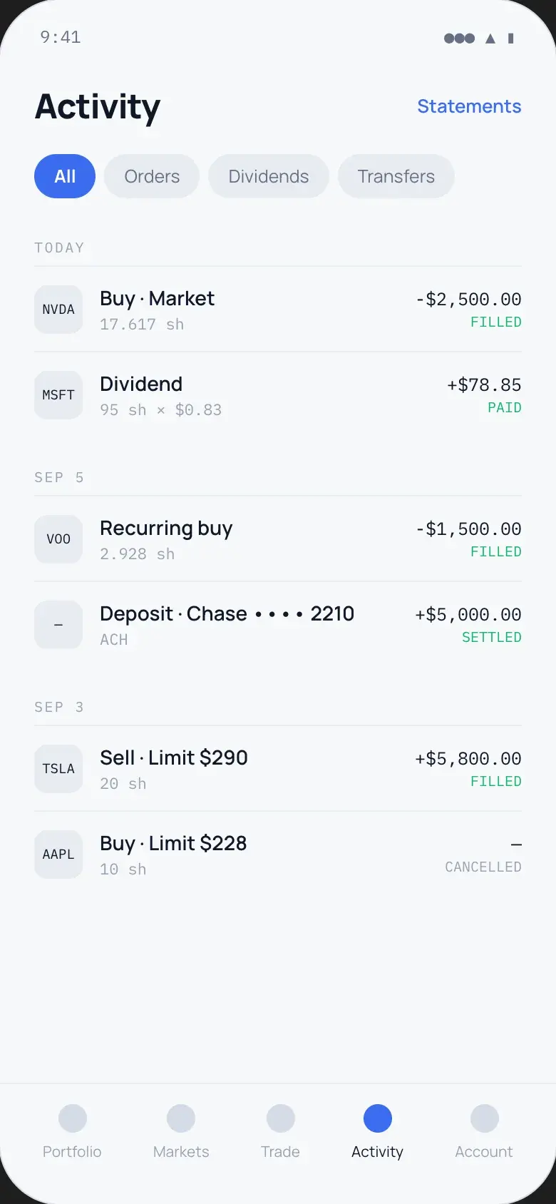 Mobile activity feed with orders, a dividend, a recurring buy and a deposit