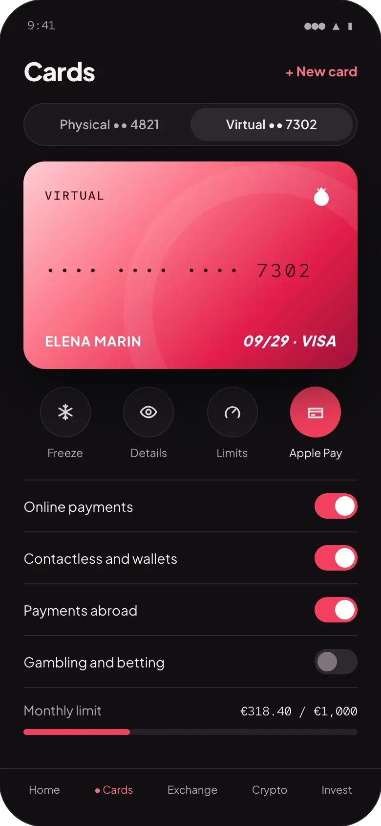 Anar cards screen: a virtual card with freeze, details, limits and Apple Pay, payment switches, and €318.40 of a €1,000 monthly limit used