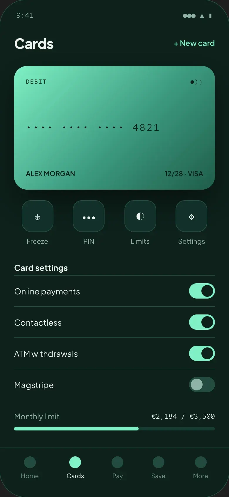 Cards screen with freeze, PIN and limit controls and card settings switches