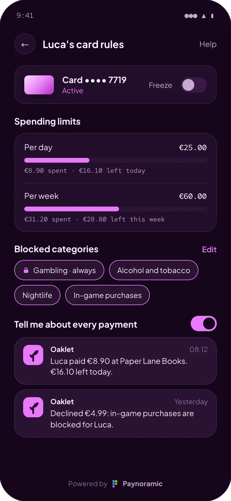 Oaklet card rules for Luca, powered by Paynoramic: a €25.00 daily limit, blocked categories and payment notifications