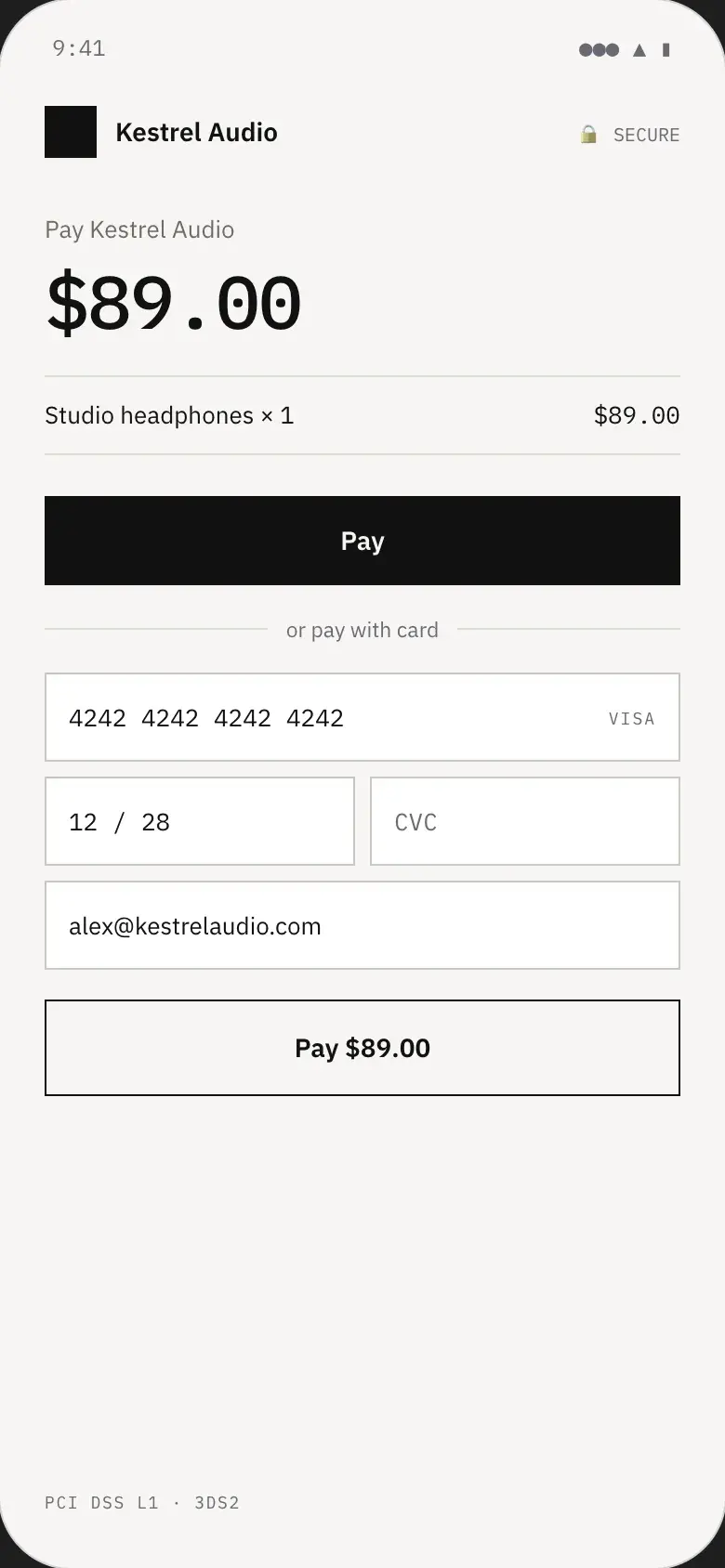 Hosted mobile checkout paying $89.00 by wallet or card