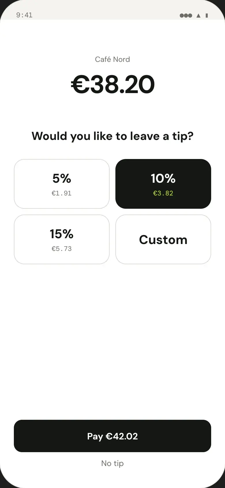 Customer-facing tip screen with 5, 10 and 15 percent options