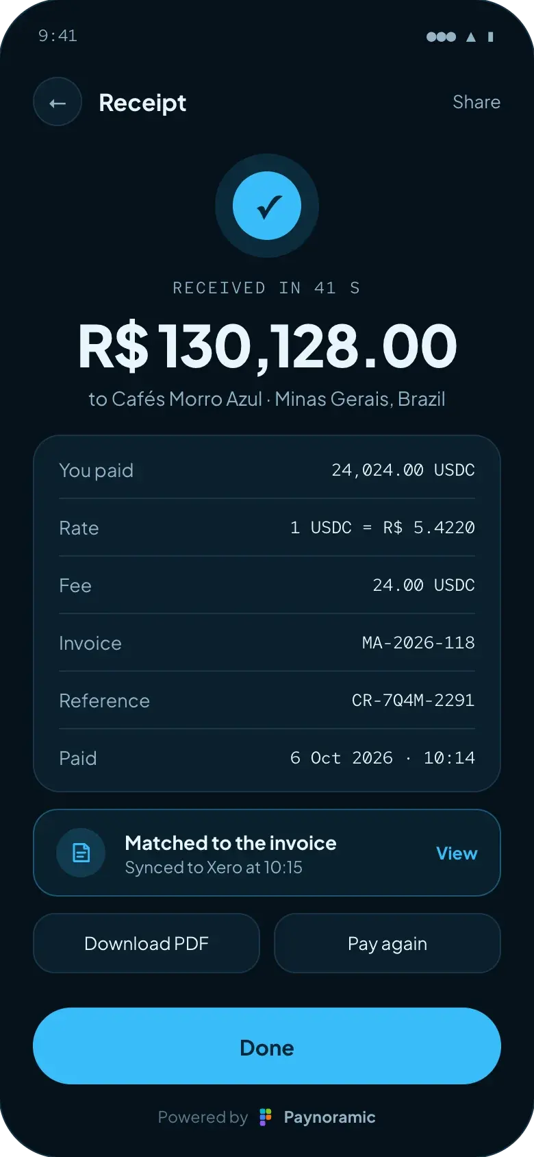 Carrack receipt, powered by Paynoramic: R$ 130,128.00 received by Cafés Morro Azul in Brazil in 41 seconds, with the invoice, the rate, the fee and the references