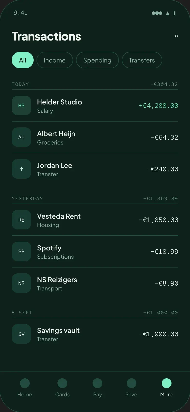 Transactions grouped by day, with merchants, categories and amounts