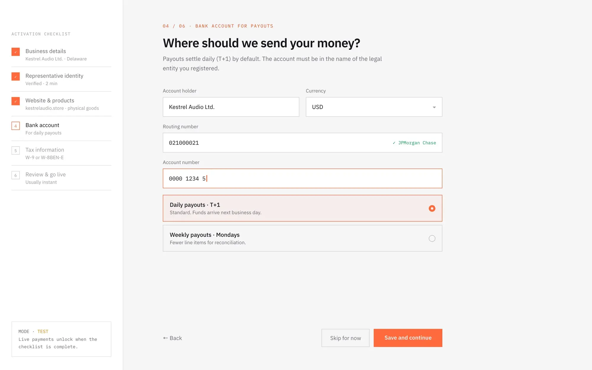 Payment gateway activation: adding the bank account for payouts