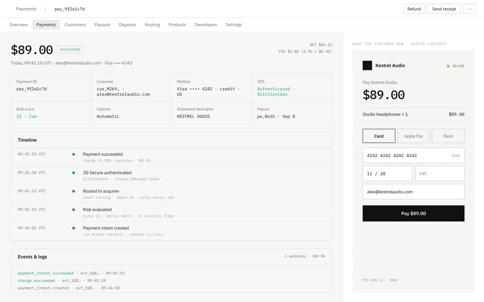 Payment detail with its timeline, risk evaluation and the customer's checkout