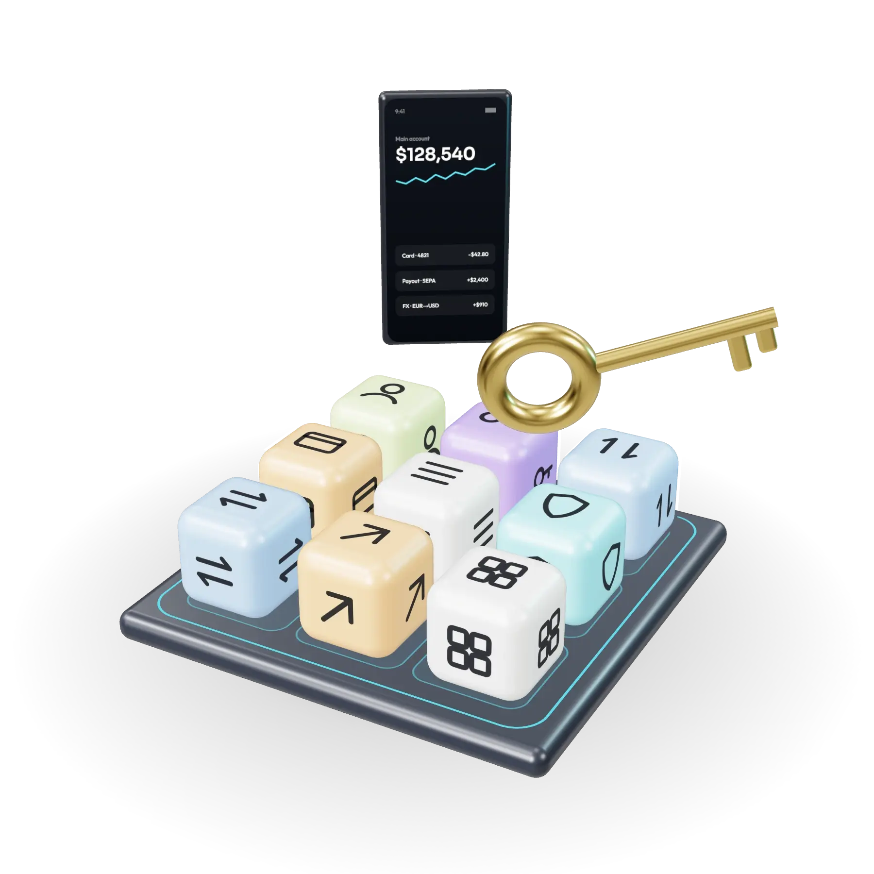 Animation: platform modules dock into a base, the platform lights up, a phone app rises behind it and a key arrives