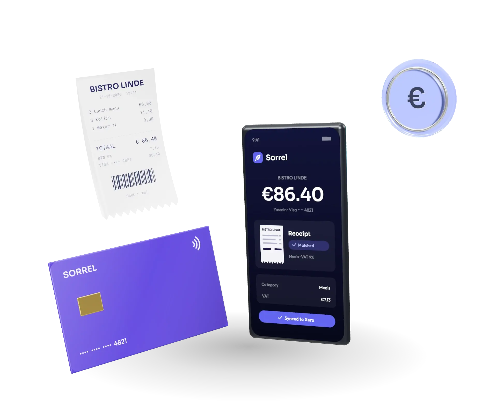 A phone showing a payment of €86.40 with its receipt matched, beside an indigo card, the paper receipt and a lavender glass euro coin