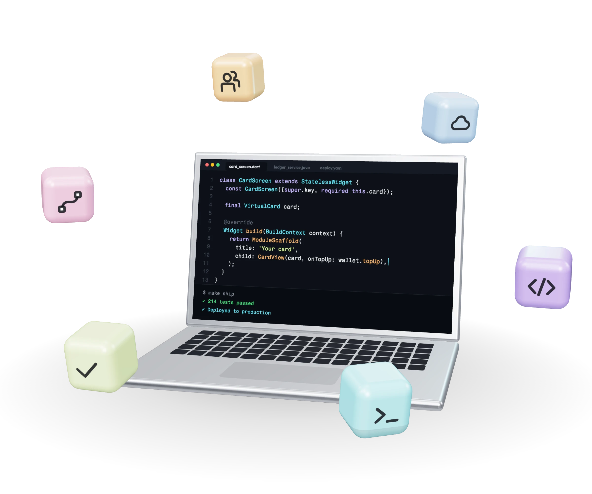A laptop open on code for a card app, with blocks for code, infrastructure, testing, design, the team and the cloud circling it