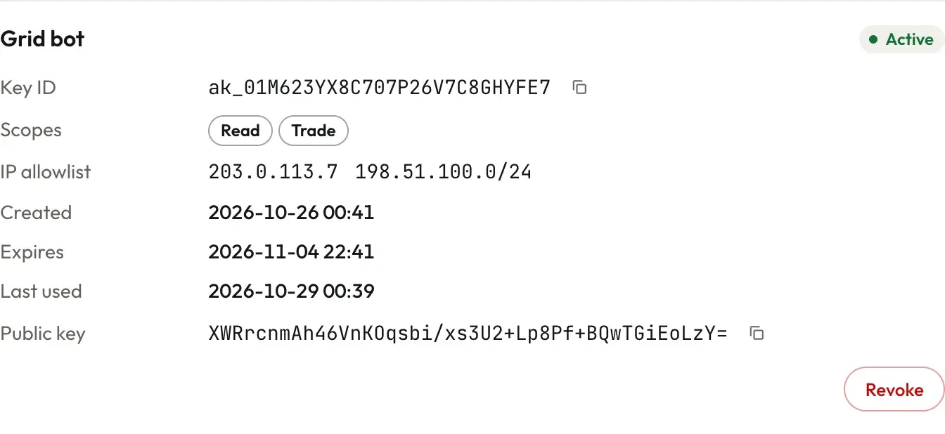 An API key in Marengo with read and trade scopes, an IP allowlist and its public key