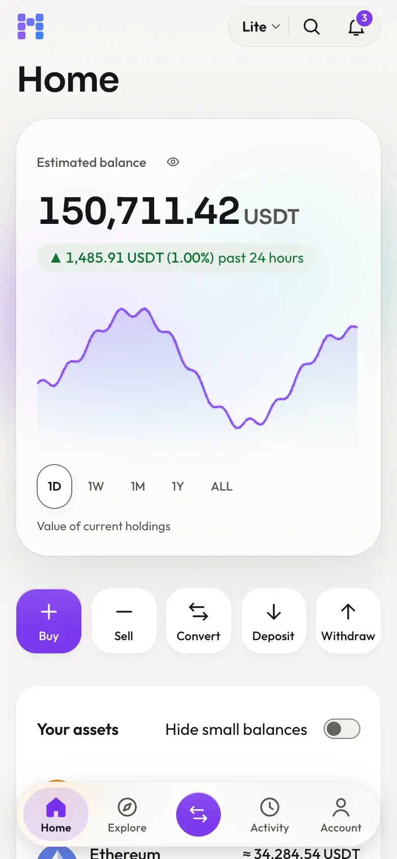 Marengo's home screen on a phone in its own violet brand