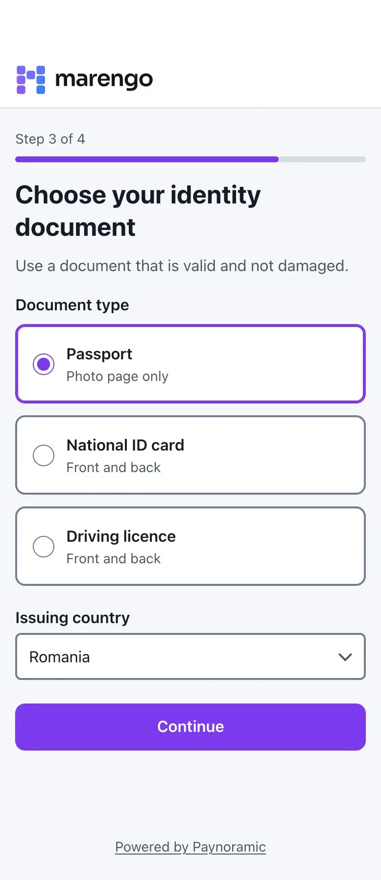 Paynoramic KYC on a phone: step 3 of 4, choosing an identity document