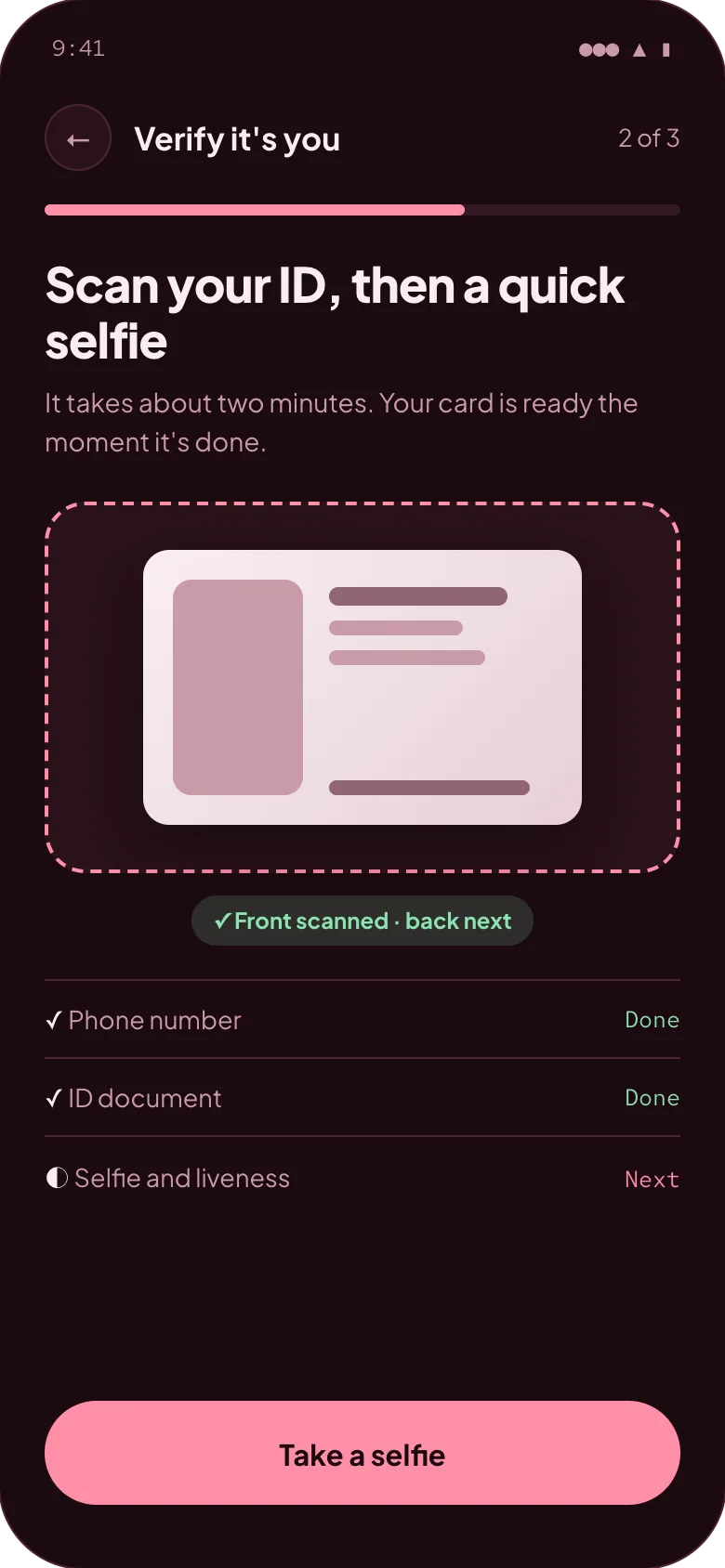 Crypto card app onboarding: the ID document scanned, with the selfie step next